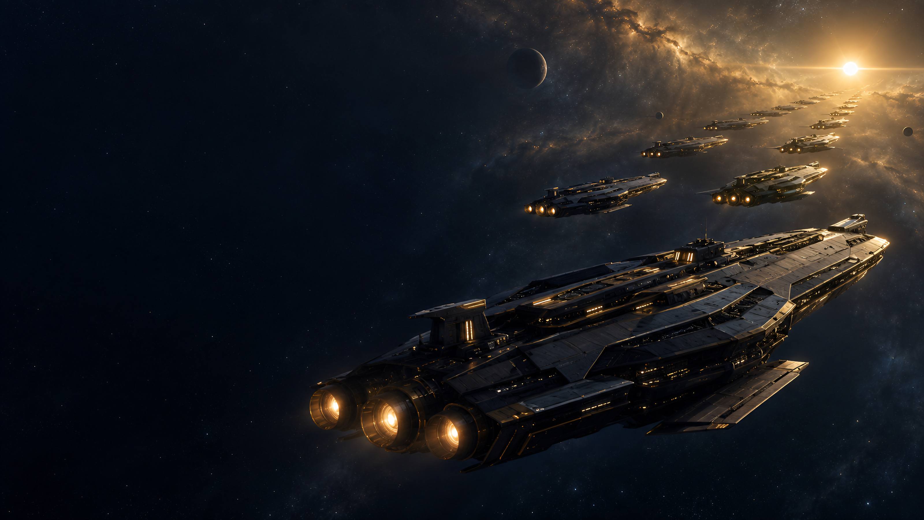 A fleet of dark starships flying in formation through deep space toward a distant sun, the lead ship's engines glowing in the foreground.