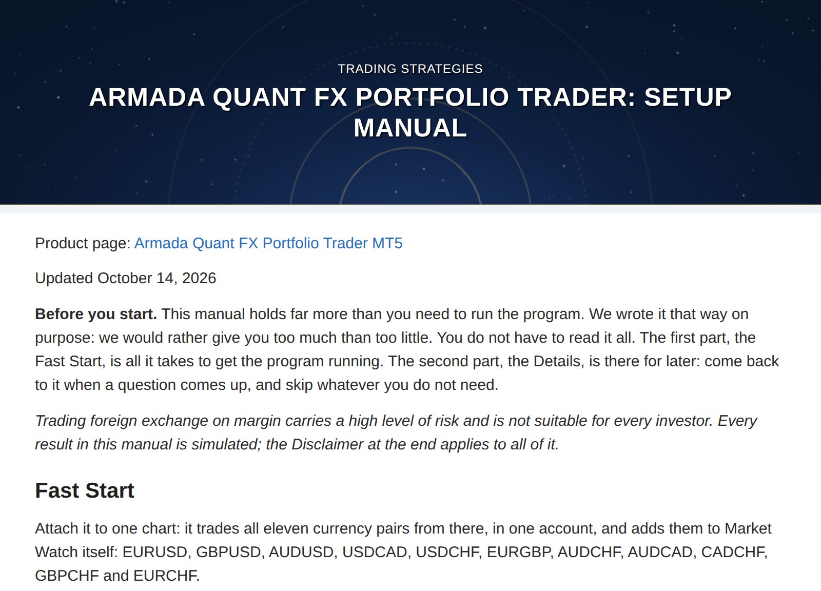 The first screen of the Armada Quant setup manual on our MQL5 blog.
